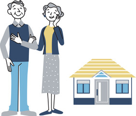 仲良し老夫婦と一戸建ての家
