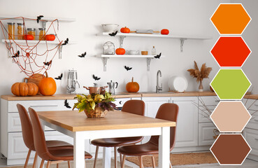 Interior of kitchen decorated for Halloween. Different color patterns