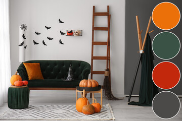 Interior of living room decorated for Halloween. Different color patterns