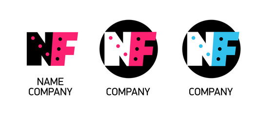 Initial Letter N F. Set Logo with dot. Black and blue sign NF in black circle.