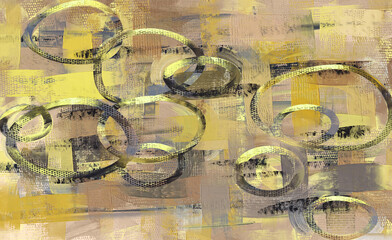 Abstract circles paint strokes, oil painting on canvas wallpaper, golden hand painted artwork