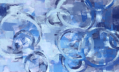 Abstract circles paint strokes, blue oil painting on canvas wallpaper, hand painted artwork