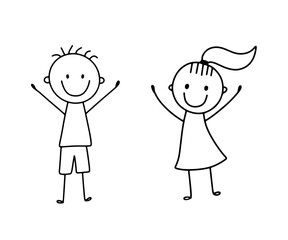 Obraz na płótnie Canvas Cute stick smiling happy girl and boy. Vector illustration in doodle style isolated on white. Kids wave hands