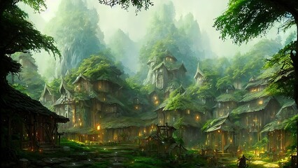 Naklejka premium Mysterious village in the forest, Fairy tale adventure, book cover.