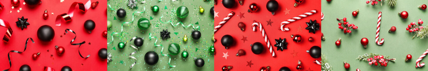 Collage of beautiful Christmas compositions on red and green background