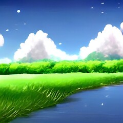 Fototapeta na wymiar Riverside grass and sky 2d Anime scenery Background 