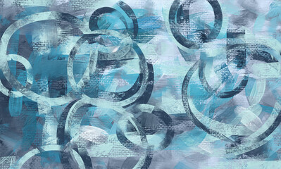 Abstract turquoise circles paint strokes, oil painting on canvas wallpaper, hand painted artwork