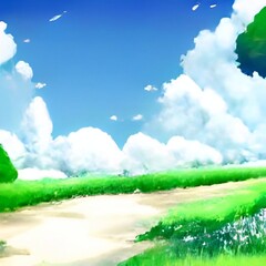 Fototapeta na wymiar grass and sky 2d Anime background 