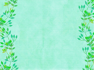 Green watercolor paper texture with leaves border. Place for text. 