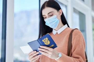 Passport, id and travel woman with covid face mask for immigration, airport compliance and vacation...