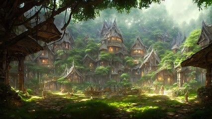 Fototapeta premium Mysterious village in the forest, Fairy tale adventure, book cover.