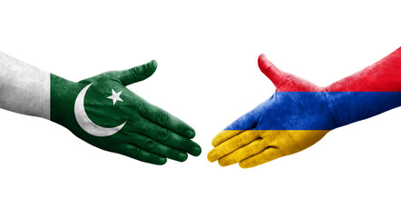 Handshake between Armenia and Pakistan flags painted on hands, isolated transparent image.