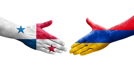 Handshake between Armenia and Panama flags painted on hands, isolated transparent image.
