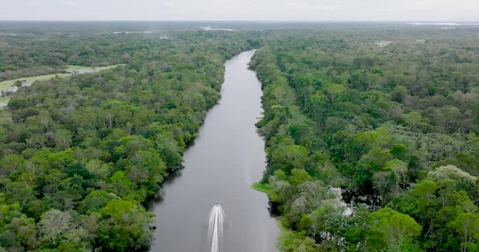Speedboat navigating waters of Rio Negro, Amazon. Aerial, flying forward