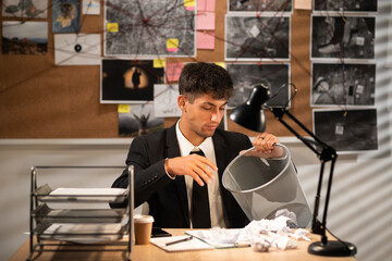 Detective working in an office at a desk crumpled paper and throws it into a trash can, waste paper garbage basket