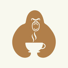 Gorilla Tea Cup Logo Negative Space Concept Vector Template. Gorilla Holding Tea Cup Symbol
