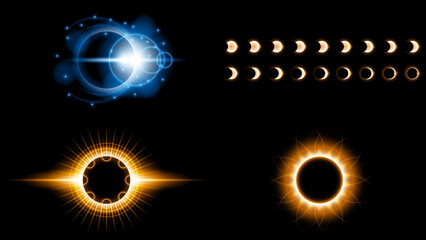 Set Sun Eclipse Solar Collection Color Fire Dark Background Vector Moon Design Style Space Science Glow Light