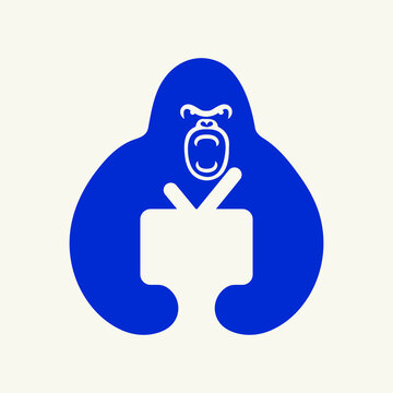 Gorilla Tv Logo Negative Space Concept Vector Template. Gorilla Holding Tv Symbol