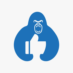 Obraz premium Gorilla Thumbs Up Logo Negative Space Concept Vector Template. Gorilla Holding Like Symbol