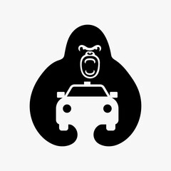 Gorilla Car Logo Negative Space Concept Vector Template. Gorilla Holding Car Symbol