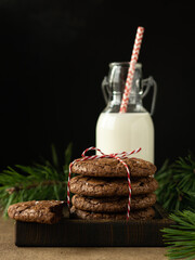 Stack of chocolate brownie cookies with salt fleur de sel tied with red and white twine. Homemade food gift on a wooden serving board, bootle with milk and straw. Pine branches, copy space