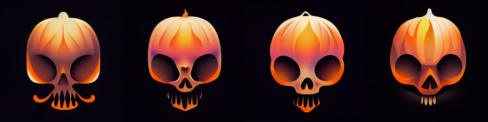Cute pumpkin ghost collection for halloween, Orange skull pumpkin design in black background. 