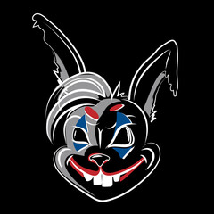 A bad rabbit, hand-drawn in doodle style. Hare joke rabbit. Crazy rabbit head. Stylization of an animal with human emotions. Symbol of the year. Vector illustration on black background.