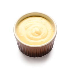 Ramekin with delicious vanilla pudding on white background
