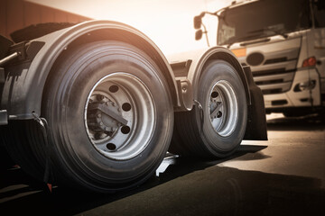 Big Semi Trailer Truck Wheels Tires. Rubber, Wheel Tyres. Freight Trucks Transport Logistics.