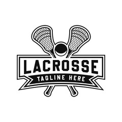 Lacrosse sport isolated logo with lacrosse stick and ball  icon on white background.