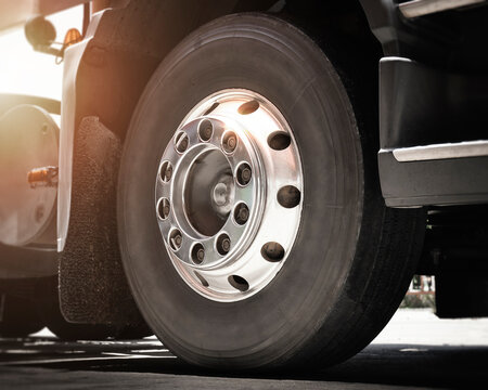 Front of Semi Trailer Truck Wheels Tires. Alloy Wheel, Tyres, Rubber. Freight Trucks Transport.