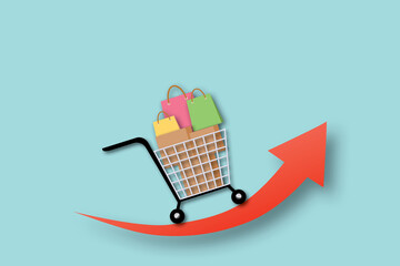 Shopping cart with paper bag and box on red arrow going up and pastel blue background. Concept of inflation and rising consumer goods prices. copy space for text. illustration paper cut design style.