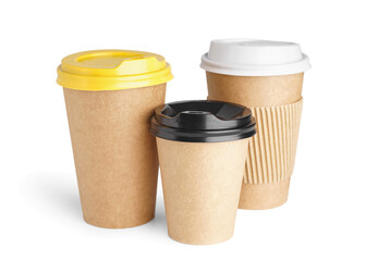 Different paper cups isolated on white background