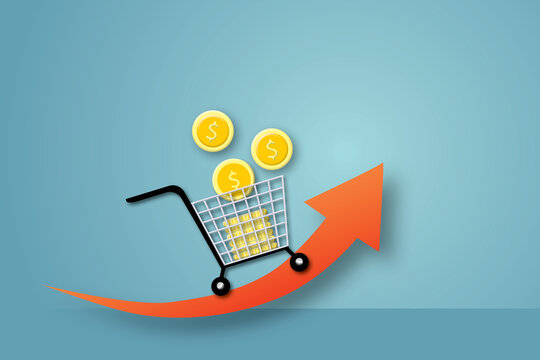 Shopping cart with many coins on red arrow going up and pastel blue background. Concept of inflation or business growth concept inflation higher food costs. copy space. illustration paper cut style.