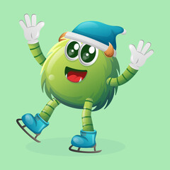 Cute green monster ice skating