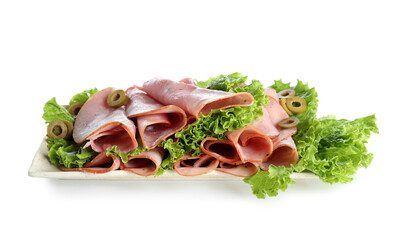 Plate with rolled slices of ham and lettuce on white background