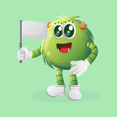 Cute green monster waving white empty flag