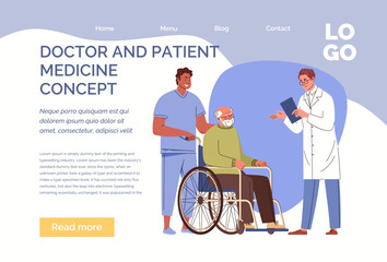 Social worker, nurse accompanies elderly disabled person to appointment with geriatric doctor. Website, template, landing page. Vector characters flat cartoon illustration.
