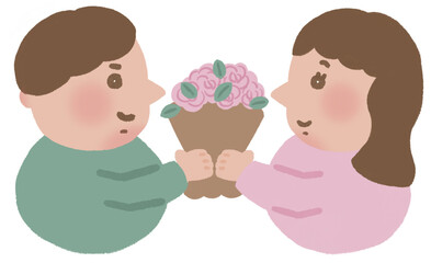 花束を渡す男女の手描きイラスト