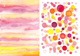 Watercolor patterns set. Lines and stripes. Different sizes circles. Pink, red, yellow, orange, violet colors.