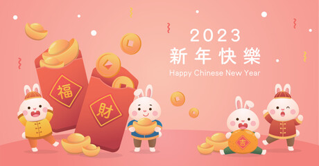 Lantern Festival or Chinese New Year with cute rabbit character or mascot, Year of the Rabbit design, dumplings made of glutinous rice, vector cartoon style, Chinese translation: Lantern Festival
