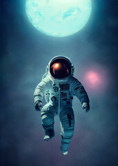 Astronaut in action poses floating in space with planets and mysterious lights as background
