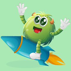 Cute green monster flying on rocket
