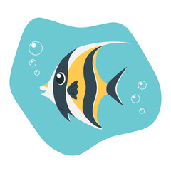 Cute striped Moorish idol or Zanclus cornutus with bubbles. Cartoon tropical fish living in the coral reef. Element for summer design. Isolated on white background. Flat vector illustration
