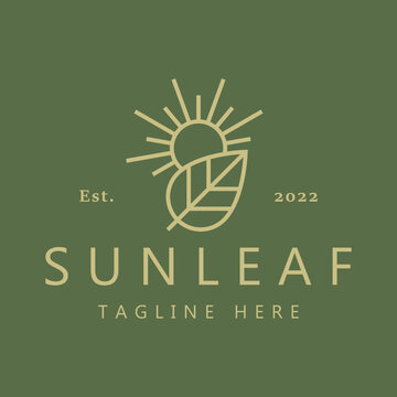 Sun and Leaf Geometric Logo for Nature Business Organic Health Beauty Product. Natural Plant Farm Field Label.