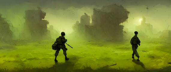 Fototapeta na wymiar Artistic concept painting of a soldiers on battlefield, background illustration.