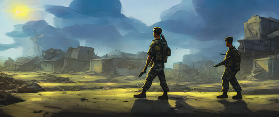 Artistic concept painting of a soldiers on battlefield, background illustration.
