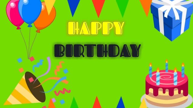 Moving animation of birthday greeting card with cake and candles, happy birthday greeting card with greenscreen background.
