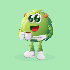 Cute green monster drinking tea, tea time