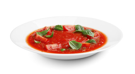 Plate of tasty tomato soup isolated on white background